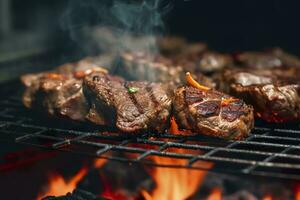 ai gerado carne grelhar em uma carvão grade com fumaça ascendente. ai gerado foto