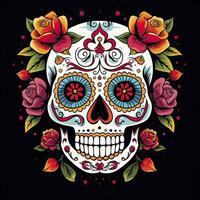 ai gerado mexicano rosas crânio. mexicano rosas crânio. dia de los muertos shugar colorida cabeça. ai gerado foto