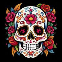 ai gerado mexicano rosas crânio. mexicano rosas crânio. dia de los muertos shugar colorida cabeça. ai gerado foto