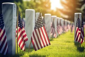 ai gerado militares lápides e lápides decorado com bandeiras para memorial dia. ai gerado foto