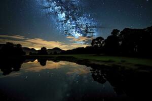 ai gerado leitoso caminho refletido em lago. ai gerado foto