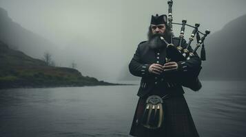 ai gerado escocês flautista dentro tradicional terras altas vestuário ai gerado foto
