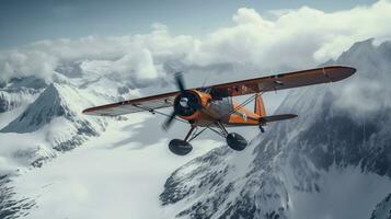 ai gerado vintage biplano vôo sobre Nevado montanhas ai gerado foto