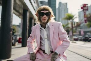 ai gerado uma macaco é vestindo oculos de sol, terno e em pé em rua. ai gerado foto