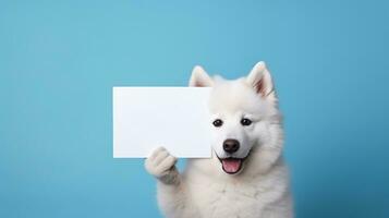 ai gerado cachorro segurando uma em branco papel para cópia de espaço. anúncio, contente, em formação conceito foto