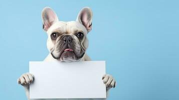 ai gerado cachorro segurando uma em branco papel para cópia de espaço. anúncio, contente, em formação conceito foto