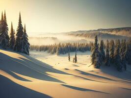 ai gerado lindo inverno panorama com pôr do sol dentro a Nevado montanhas, árvores coberto com neve foto