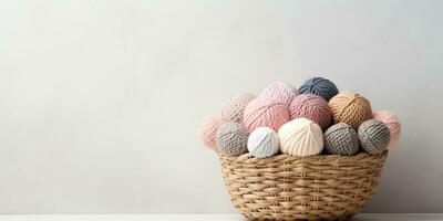 ai gerado cesta com bolas do fio para tricô, crochê em uma branco fundo. artesanato, hobbies. foto