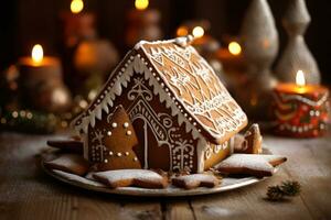 ai gerado lindo feito à mão Pão de gengibre casa com Natal árvores e Pão de gengibre mans em volta. Sombrio borrado fundo com Natal árvores e vela lanternas. Novo ano conceito. foto