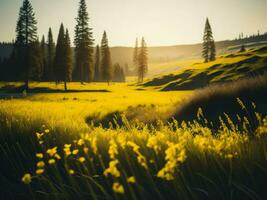 ai gerado brilhando Campos do inverno suave foco pôr do sol Prado com amarelo flores da natureza abraçar. uma sinfonia do cores caloroso inverno pôr do sol Prado com abstrato suave foco natureza harmonia. foto