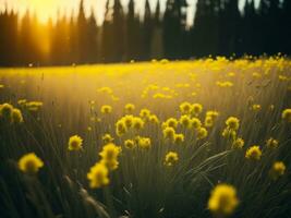 ai gerado brilhando Campos do inverno suave foco pôr do sol Prado com amarelo flores da natureza abraçar. uma sinfonia do cores caloroso inverno pôr do sol Prado com abstrato suave foco natureza harmonia. foto