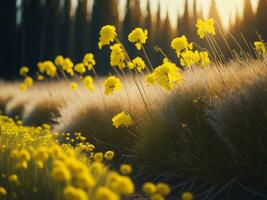 ai gerado brilhando Campos do inverno suave foco pôr do sol Prado com amarelo flores da natureza abraçar. uma sinfonia do cores caloroso inverno pôr do sol Prado com abstrato suave foco natureza harmonia. foto