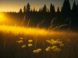 ai gerado brilhando Campos do inverno suave foco pôr do sol Prado com amarelo flores da natureza abraçar. uma sinfonia do cores caloroso inverno pôr do sol Prado com abstrato suave foco natureza harmonia. foto