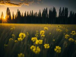 ai gerado brilhando Campos do inverno suave foco pôr do sol Prado com amarelo flores da natureza abraçar. uma sinfonia do cores caloroso inverno pôr do sol Prado com abstrato suave foco natureza harmonia. foto