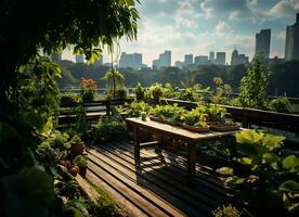 ai gerado exuberante telhado jardim, tranquilo espaço para urbano moradores foto