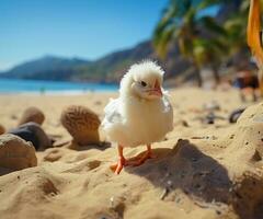 ai gerado frango explorando uma ensolarado, arenoso de praia foto