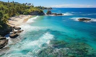 ai gerado aéreo Visão do mar de praia ondas em uma tropical ilha foto