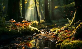 ai gerado uma ensolarado manhã dentro a outono floresta foto