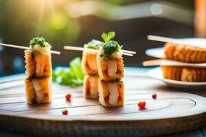 ai gerado pequeno aperitivos em uma de madeira borda com palitos de dente. gerado por IA foto