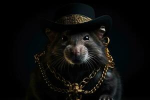 ai gerado uma rato dentro uma chapéu e com dourado correntes foto