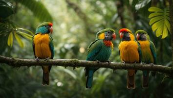 ai gerado tropical papagaios sentado em uma árvore ramo dentro a floresta tropical foto