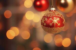ai gerado vermelho e ouro Natal bolas com bokeh luzes. alegre Natal enfeites. foto