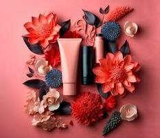 ai gerado Cosmético embalagem para pele Cuidado, natural embalagem, publicidade comercial foto topo Visão em Rosa fundo. brincar disposição do três tubos com flores e folhas