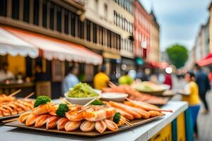 ai gerado uma rua fornecedor vendendo Comida em uma calçada. gerado por IA foto