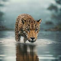 ai gerado uma leopardo caminhando através água com Relva e palhetas dentro a fundo foto