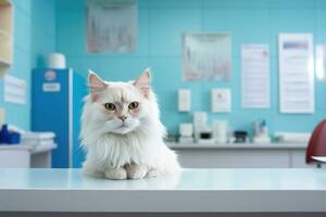 ai gerado veterinário gato exame dentro médico clínica. veterinario masculino homem médico segurando animal gatinho foto