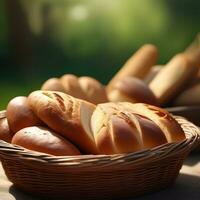 ai gerado pão dentro uma cesta em uma mesa foto