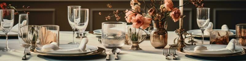 ai gerado uma mesa conjunto para uma formal jantar com talheres e flores, ai foto