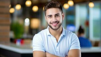 ai gerado uma homem dentro uma branco camisa em pé com dele braços cruzado, ai foto