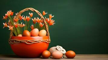 ai gerado uma cesta preenchidas com ovos Próximo para uma grupo do flores, ai foto