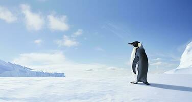 ai gerado pinguim em pé dentro Antártica olhando para dentro a azul céu. ai gerado foto