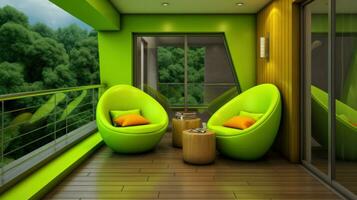 ai gerado uma verde quarto com dois cadeiras e uma mesa, ai foto