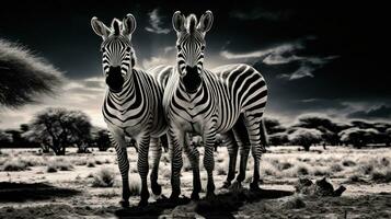 ai gerado dois zebras em pé Próximo para cada de outros dentro uma campo, ai foto