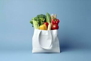ai gerado mercearia cheio bolsa. branco compras saco com legumes dentro luz azul fundo. generativo ai foto