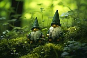 ai gerado brinquedo irlandês gnomos dentro uma mistério floresta, abstrato verde natural fundo. generativo ai foto