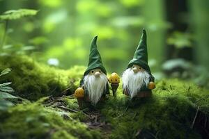 ai gerado brinquedo irlandês gnomos dentro uma mistério floresta, abstrato verde natural fundo. generativo ai foto