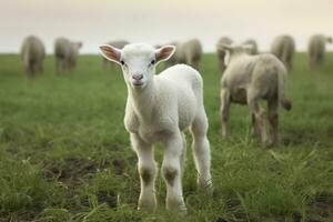 ai gerado branco Cordeiro dentro uma campo dentro frente do de outros animais. generativo ai foto