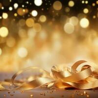 ai gerado dourado borrado fundo com uma bokeh efeito, confete, e dourado fitas. a abstrato luxuoso festivo pano de fundo. generativo ai. foto