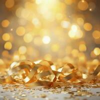 ai gerado dourado borrado fundo com uma bokeh efeito, confete, e dourado fitas. a abstrato luxuoso festivo pano de fundo. generativo ai. foto