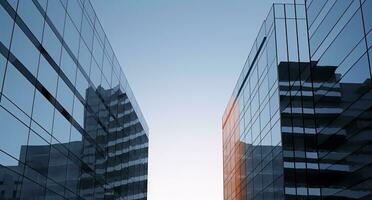 ai gerado dois moderno edifícios com vidro janelas. arquitetura Projeto do edifícios. ai gerado foto