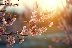 ai gerado Primavera Flor fundo. natureza cena com florescendo árvore e Sol flare. generativo ai foto