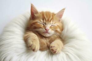 ai gerado vermelho gatinho, gato dormindo fofa em branco pelagem. generativo ai foto