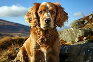 ai gerado retrato do uma americano Cocker spaniel em uma natureza, fechar acima foto. ai generativo arte foto