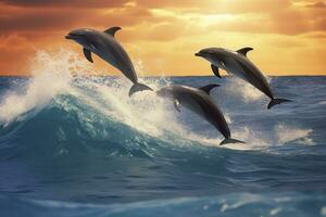 ai gerado brincalhão golfinhos pulando sobre quebra ondas. Havaí pacífico oceano animais selvagens cenário. generativo ai foto