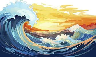 ai gerado oceano onda Sol nuvens, azul amarelo abstrato oceano aceno. ai gerado. foto