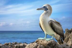 ai gerado a raro de pés azuis booby descansos em a de praia. ai gerado foto